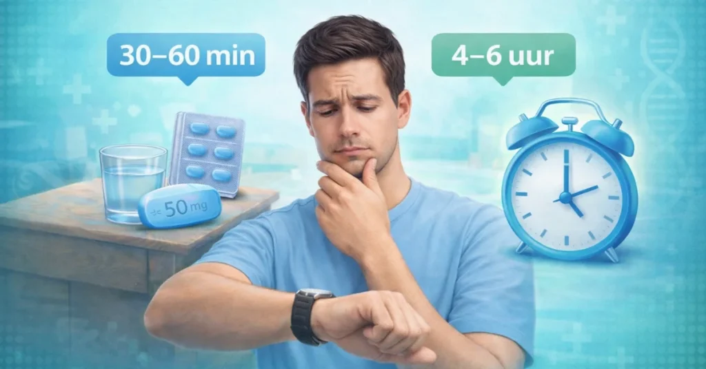 Man kijkt op horloge en denkt na over hoe lang Kamagra werkt met klok en tabletten naast hem