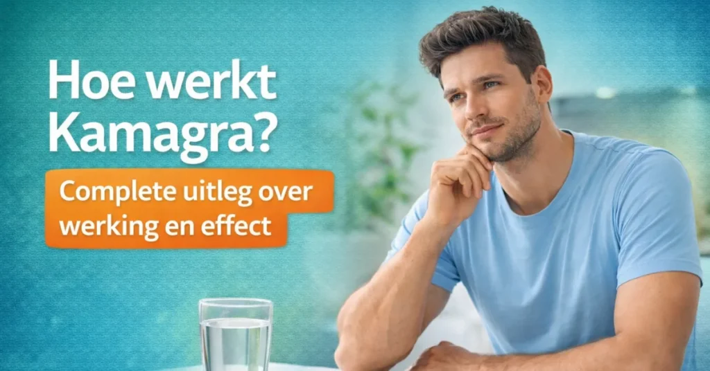 Man denkt na over hoe Kamagra werkt met tabletten en glas water op tafel