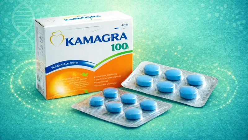 Kamagra 100mg tabletten in blisterverpakking met doos op tafel