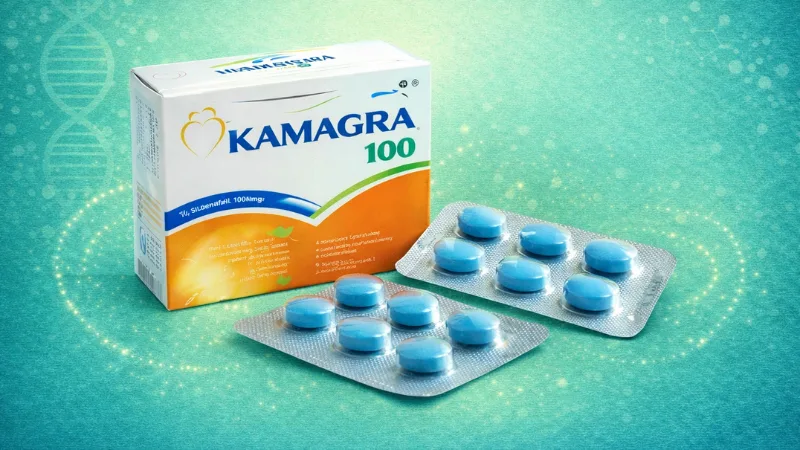 Kamagra 100mg tabletten met verpakking en blister op witte ondergrond