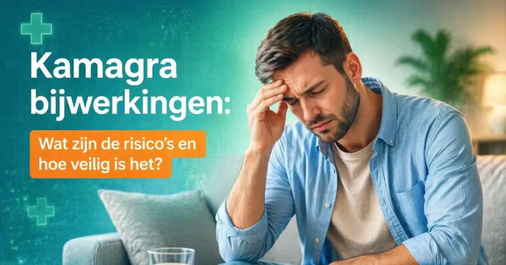 Man met lichte hoofdpijn na gebruik van Kamagra zit op bank met glas water