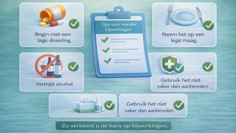 Tips om Kamagra bijwerkingen te verminderen zoals lage dosering lege maag en vermijden van alcohol