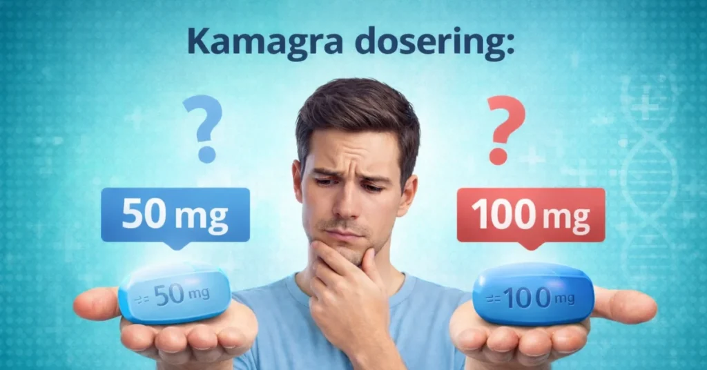 Man twijfelt tussen Kamagra dosering 50 mg en 100 mg met tabletten in beide handen