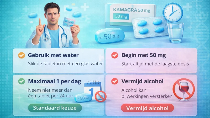Tips voor veilige Kamagra dosering zoals beginnen met 50 mg maximaal 1 keer per dag en alcohol vermijden