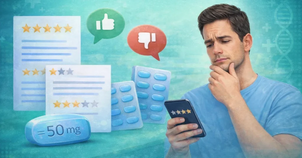 Man leest Kamagra ervaringen en reviews op smartphone met beoordeling en tabletten zichtbaar