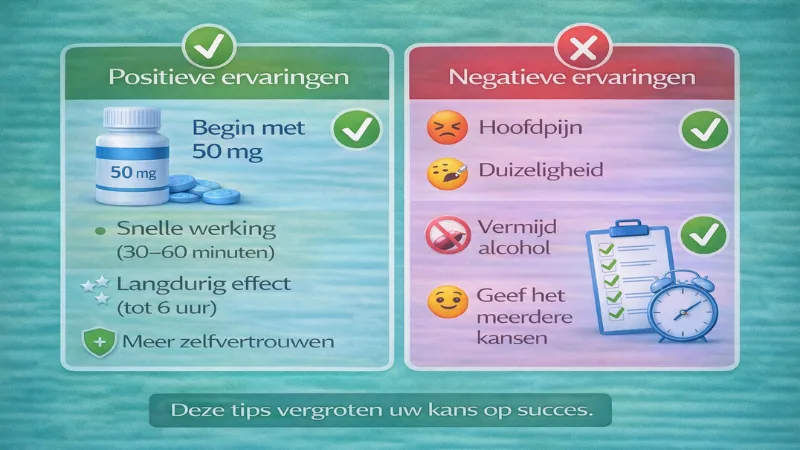 Tips op basis van Kamagra ervaringen zoals starten met 50 mg en vermijden van alcohol