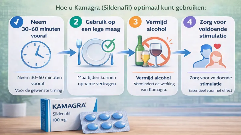 Tips voor optimale werking van Kamagra zoals juiste timing lege maag en vermijden van alcohol