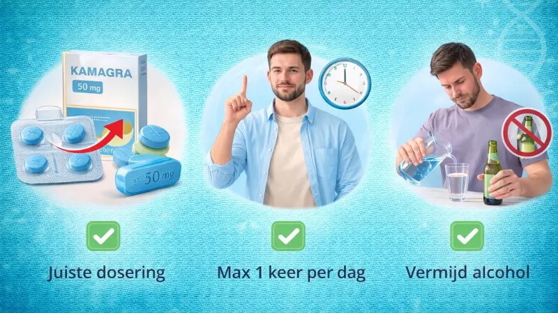 Tips voor veilig gebruik van Kamagra zoals juiste dosering maximaal 1 keer per dag en alcohol vermijden