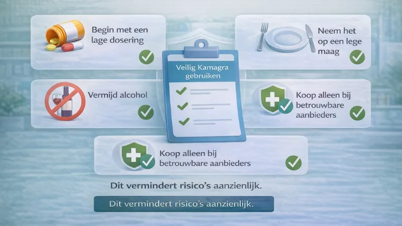 Tips voor veilig gebruik van Kamagra zoals lage dosering lege maag en vermijden van alcohol