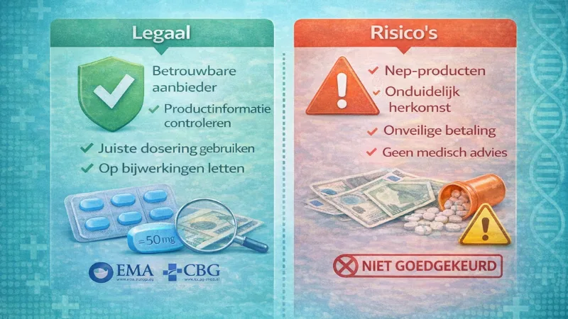 Vergelijking tussen veilig Kamagra kopen en risico's zoals nep producten en onveilige betaling