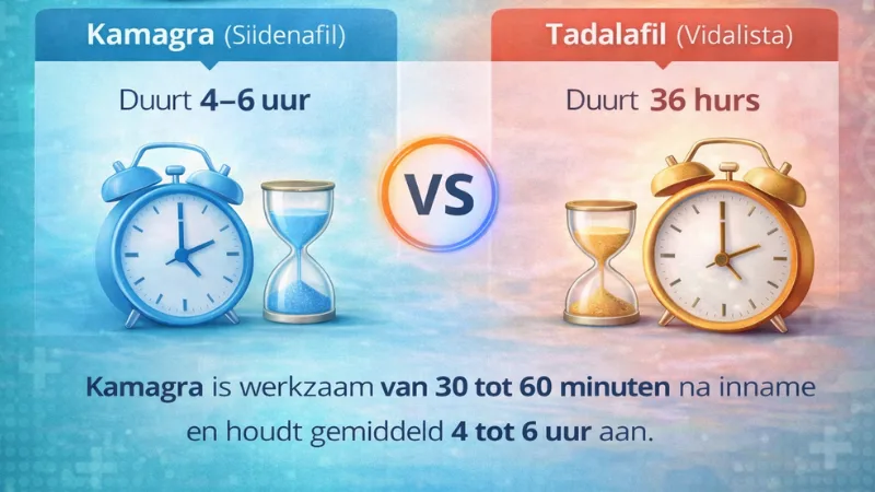 Vergelijking van werktijd tussen Kamagra en Tadalafil met 4 tot 6 uur versus tot 36 uur effect