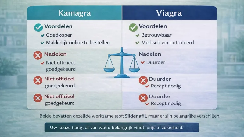 Vergelijking van voordelen en nadelen van Kamagra en Viagra inclusief prijs en betrouwbaarheid