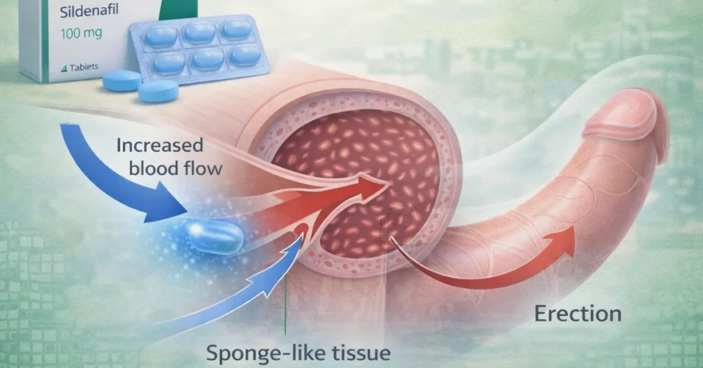 Uitleg van Kamagra werking met verbeterde bloedtoevoer door Sildenafil voor erectieproces