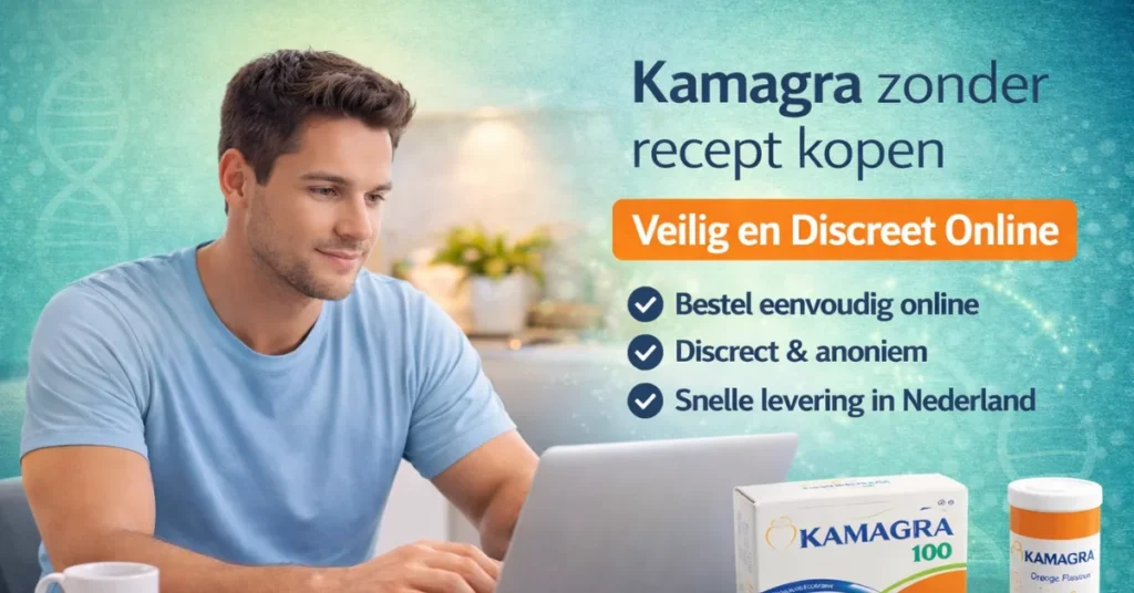 Man bestelt Kamagra online zonder recept via laptop thuis
