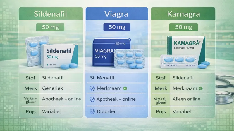 Vergelijking tussen Sildenafil Viagra en Kamagra met verschillen in stof merk en verkrijgbaarheid